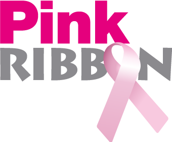 Logo "Pink Ribbon" avec texte rose et gris, accompagné d'un ruban rose stylisé en bas à droite.