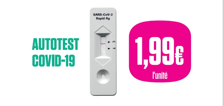 Autotest COVID-19 blanc avec résultat affiché, texte vert à gauche et prix 1,99€ sur fond rose à droite.