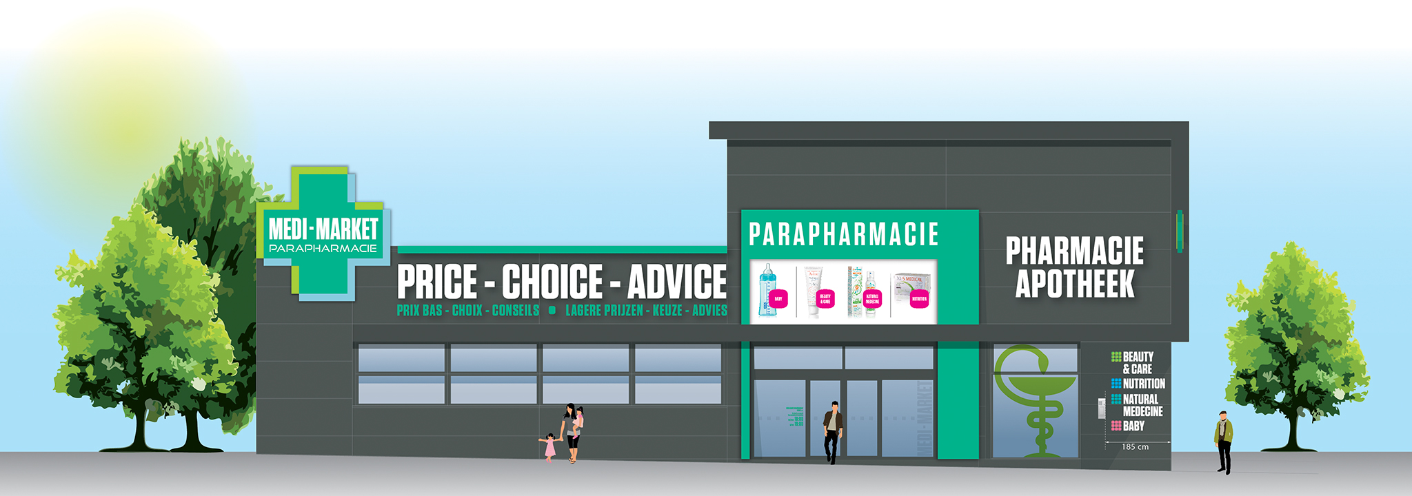 Façade d'une parapharmacie Medi-Market avec enseigne verte, fenêtres, et deux arbres à gauche et à droite, sous un ciel bleu.