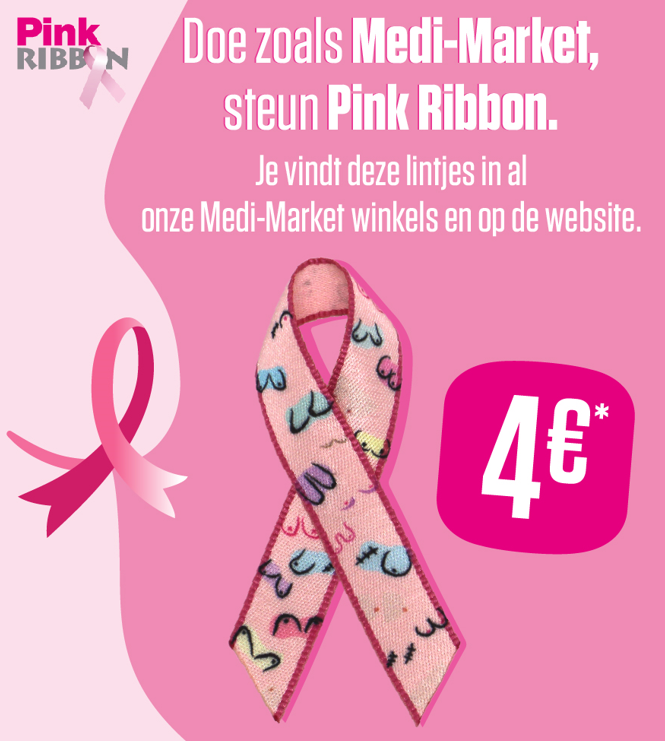 Ruban rose avec motifs colorés sur fond rose, texte promotionnel et symbole du ruban. Prix affiché à 4€.