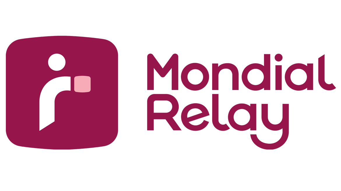 Logo Mondial Relay avec un fond bordeaux, un symbole blanc à gauche et texte blanc à droite.