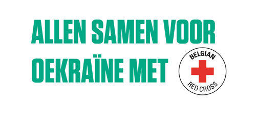 Texte vert "Allen Samen Voor Oekraïne Met" à côté du logo de la Croix-Rouge belge sur fond blanc.