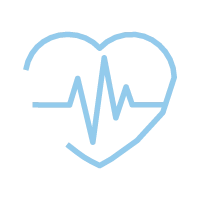 Icône bleue représentant un cœur stylisé avec un tracé d’électrocardiogramme à l'intérieur sur fond transparent.