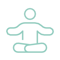 Personne en position de méditation avec un cercle et une croix symbolisant la santé, dessinée en ligne verte sur fond transparent.