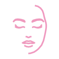 Dessin minimaliste d'un visage stylisé en rose sur fond transparent, montrant des yeux fermés, un nez et des lèvres.