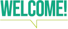 Texte vert "WELCOME" avec une flèche grise pointant vers le bas sur fond transparent.