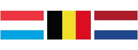 Drapeaux du Luxembourg, de la Belgique et des Pays-Bas alignés horizontalement dans cet ordre.